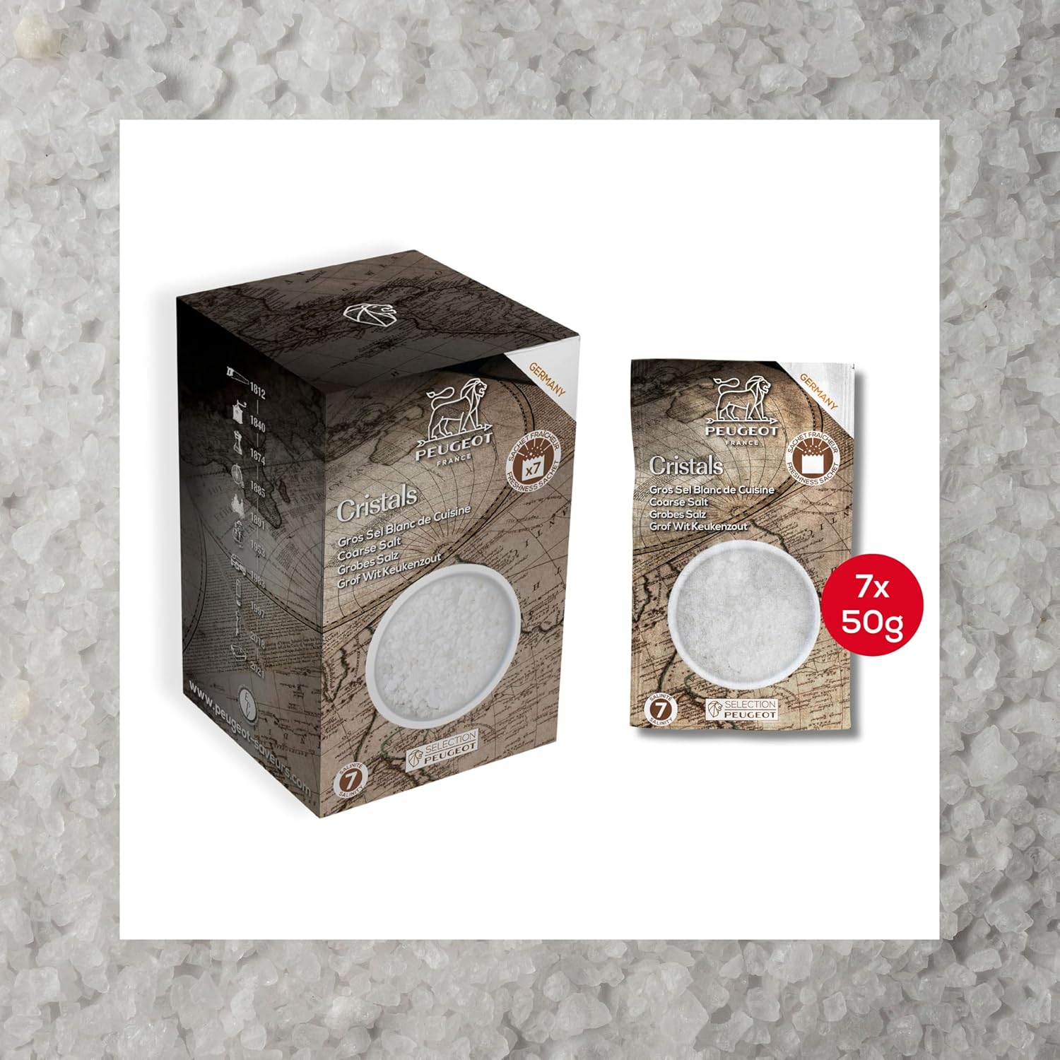 Peugeot Salt & Pepper Sachet Bundle – 14 Sachets Total – Tan Hoi Black Peppercorns (7 x 20g) & Coarse Dry White Salt (7 x 50g)