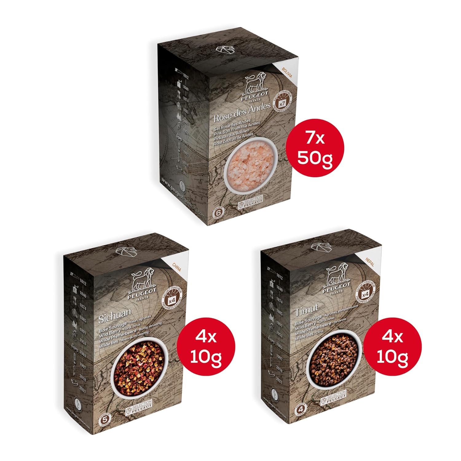 Peugeot Gourmet Spice Sachet Bundle – 15 Sachets Total – Timut Wild Pepper (4 x 10g), Sichuan Red Peppercorns (4 x 10g), & Pink Bolivian Salt (7 x 50g)