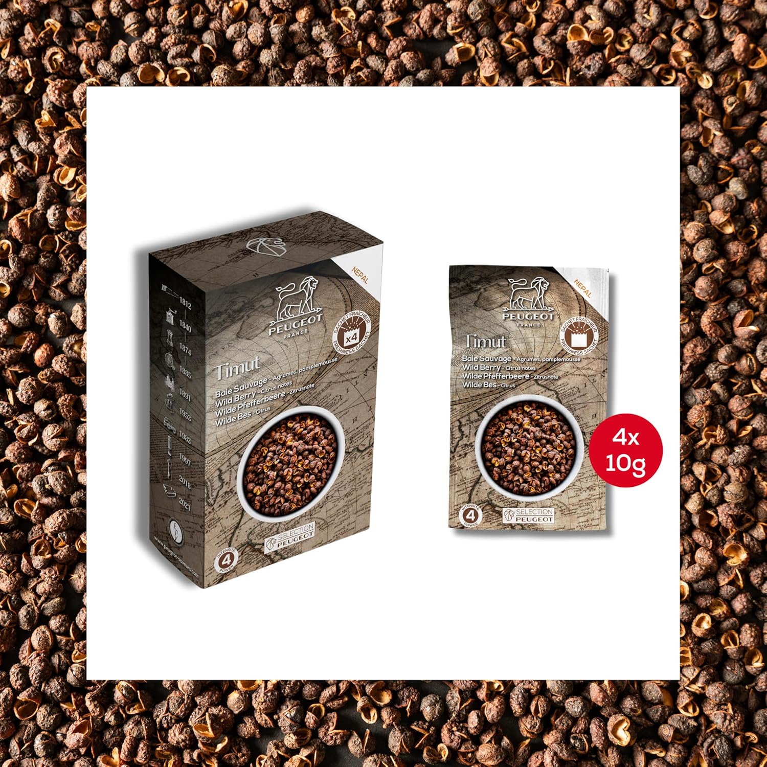 Peugeot Gourmet Spice Sachet Bundle – 15 Sachets Total – Timut Wild Pepper (4 x 10g), Sichuan Red Peppercorns (4 x 10g), & Pink Bolivian Salt (7 x 50g)