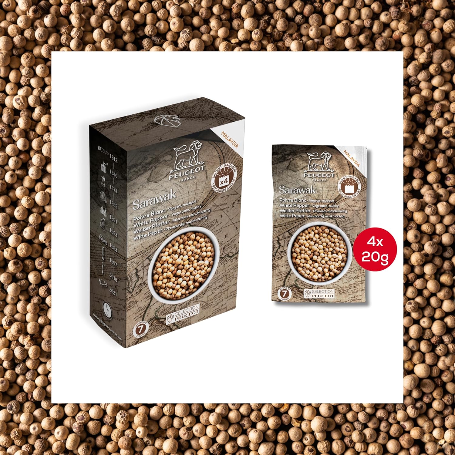 Peugeot Pepper & Salt Sachet Bundle – 15 Sachets Total – Sarawak White Pepper (4 x 20g), Tan Hoi Black Pepper (4 x 20g), & Coarse Dry White Salt (7 x 50g)