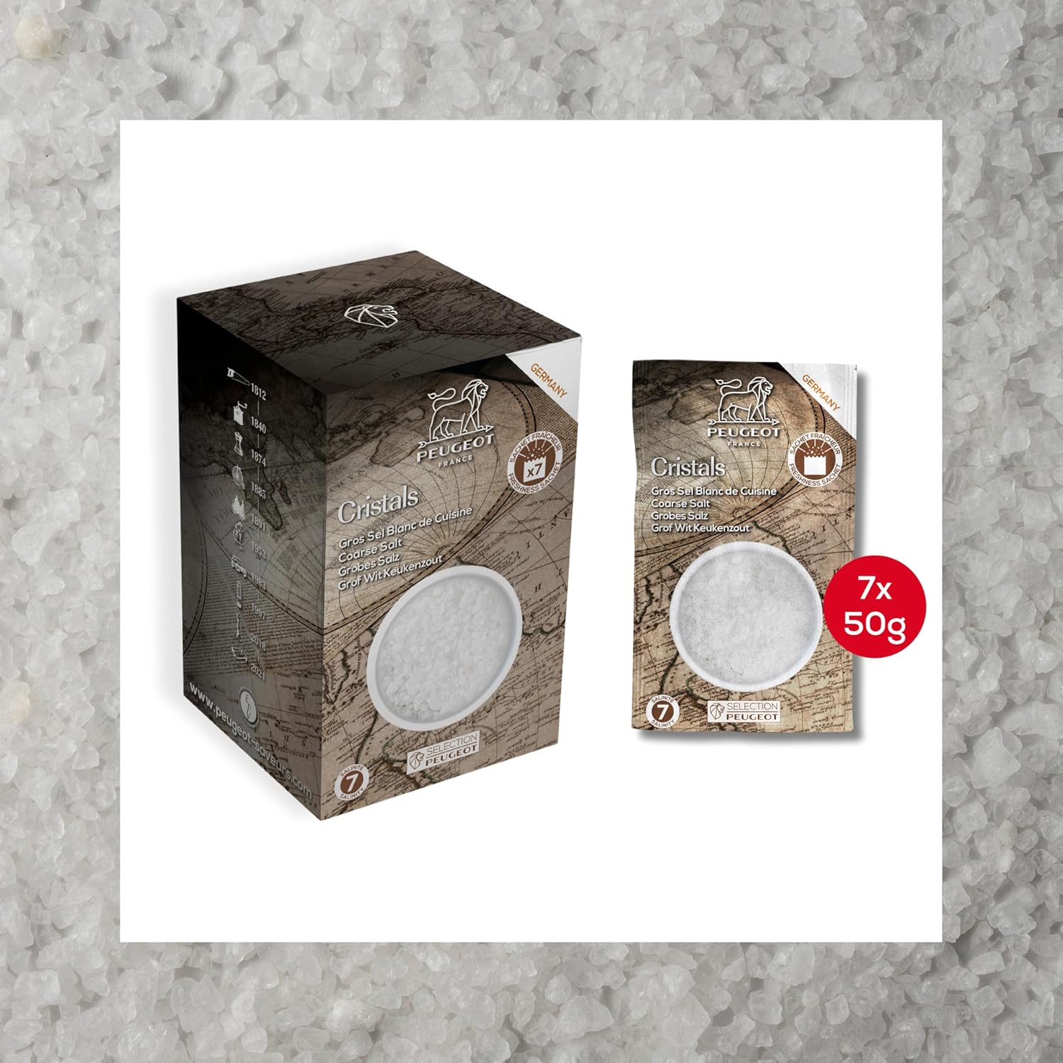 Peugeot Pepper & Salt Sachet Bundle – 15 Sachets Total – Sarawak White Pepper (4 x 20g), Tan Hoi Black Pepper (4 x 20g), & Coarse Dry White Salt (7 x 50g)