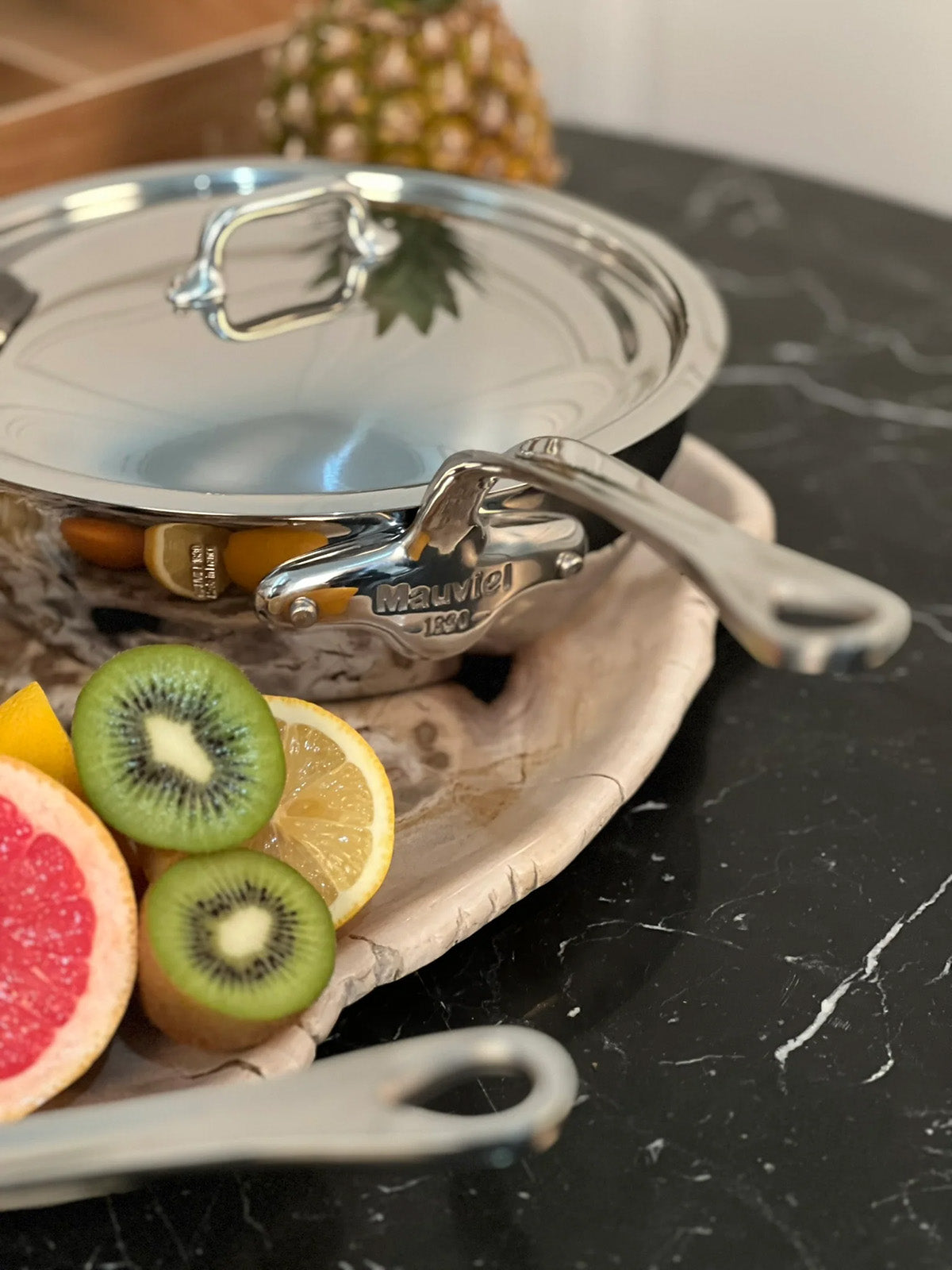 Mauviel M'Cook 1.1 qt. Stainless Steel Curved Splayed Saute Pan with Lid