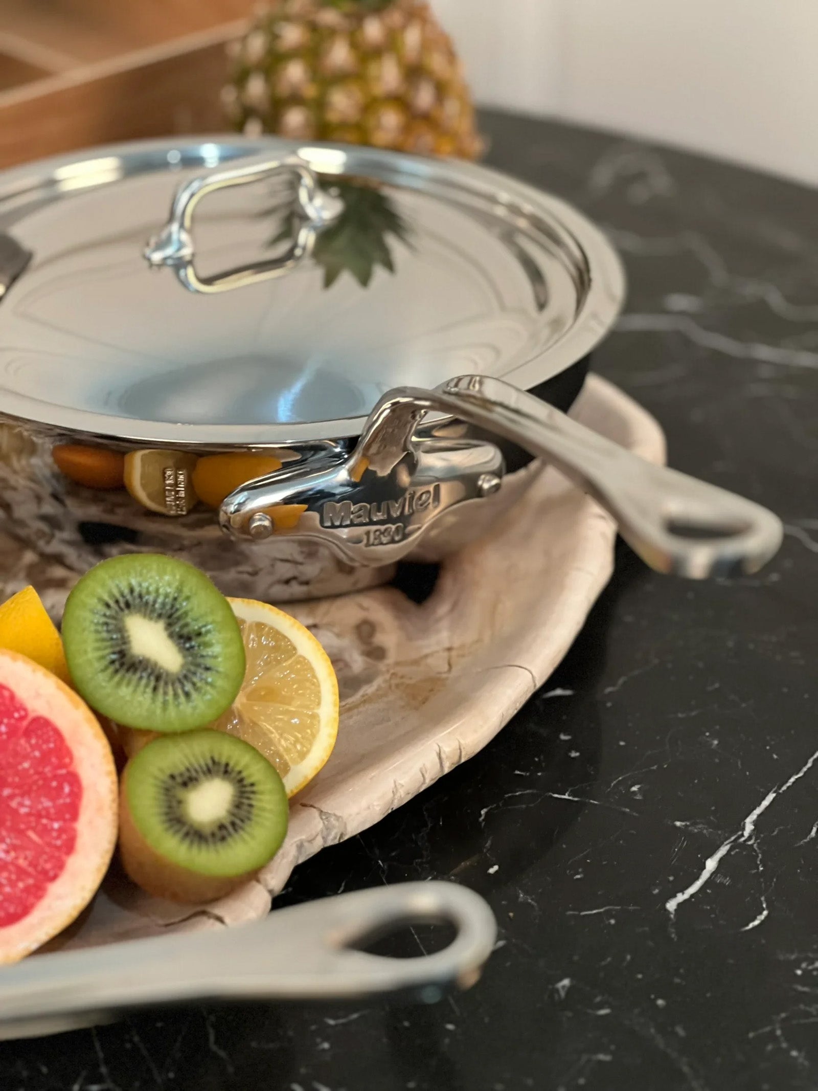 Mauviel M'Cook 2.1 qt. Stainless Steel Curved Splayed Saute Pan with Lid