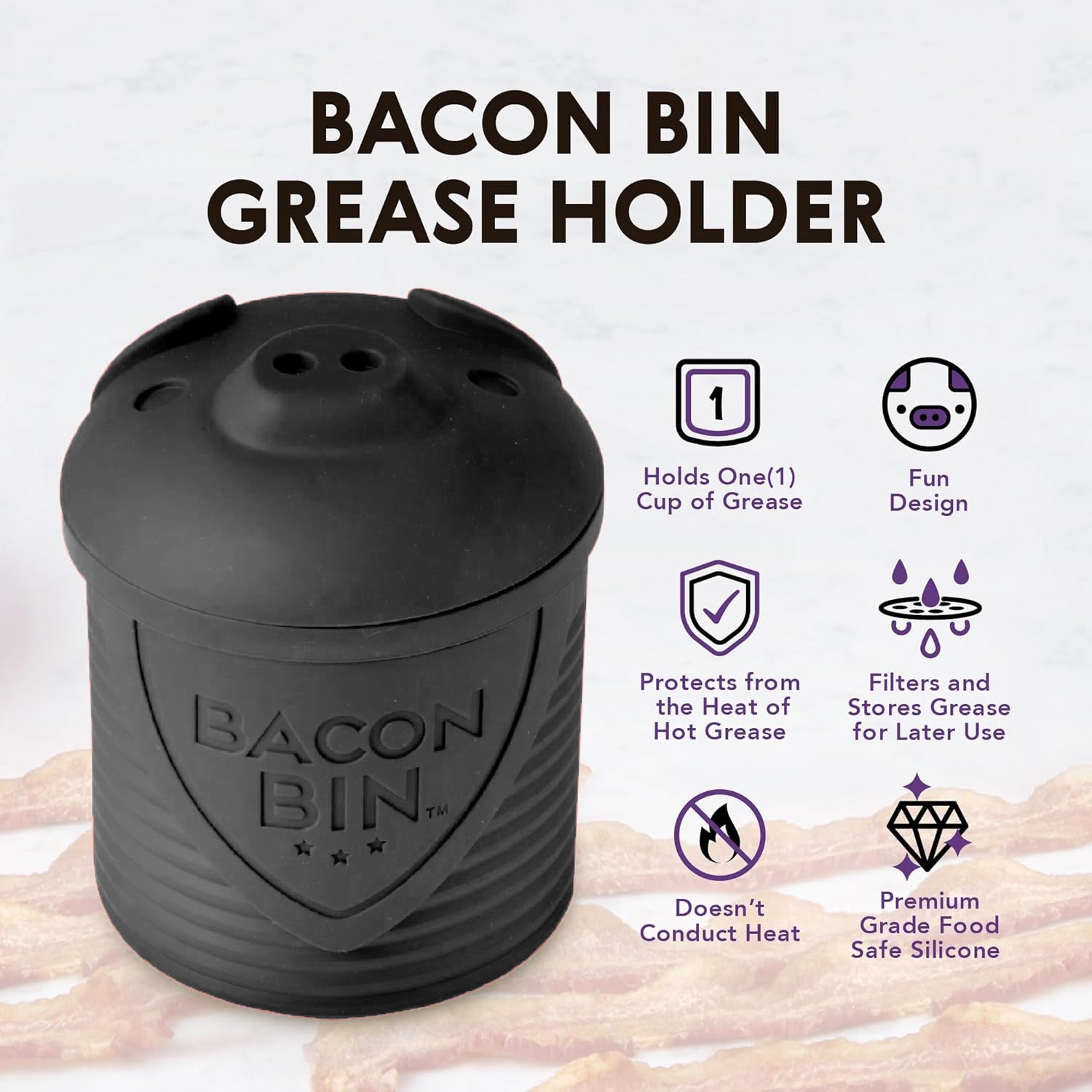 Talisman Designs Bacon Bin Silicone Grease Container with Strainer, 1 cup, Black