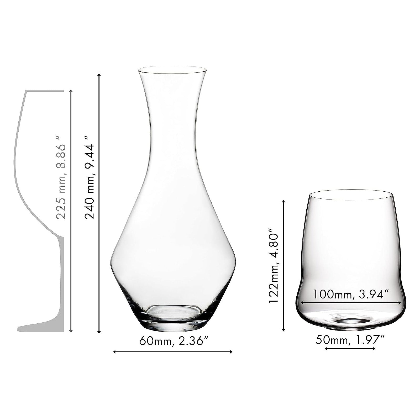Riedel Stemless Wings Set, 4 Cabernet glasses & 1 Merlot Decanter