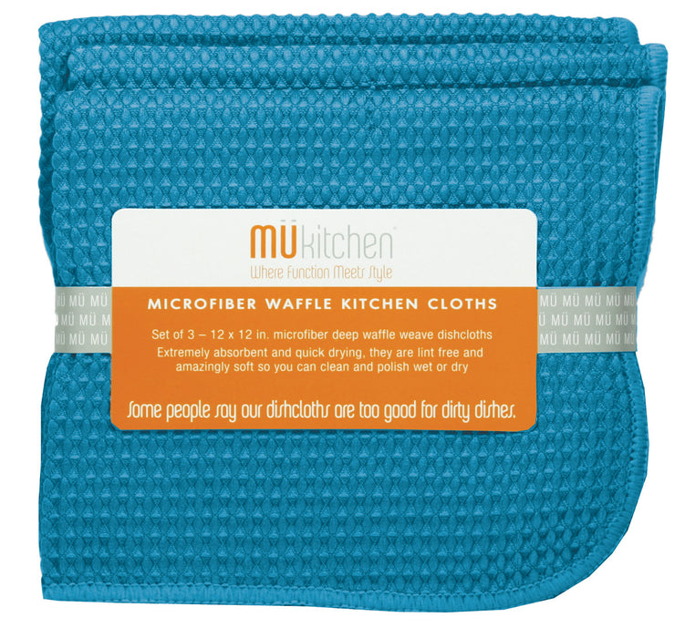 MU Kitchen 12" x 12" Waffle Microfiber Dish Cloth Set Of 3, Sea Blue