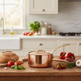 Mauviel M'Heritage 200 B 2mm Polished Copper & Stainless Steel Sauce Pan With Lid, And Brass Handles, 1.8-qt, Made in France