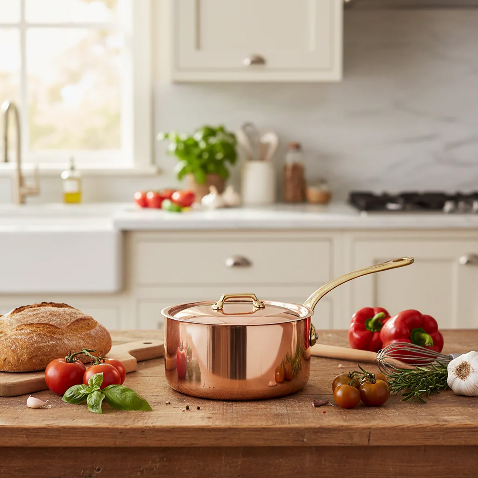 Mauviel M'Heritage 200 B 2mm Polished Copper & Stainless Steel Sauce Pan With Lid, And Brass Handles, 1.8-qt, Made in France
