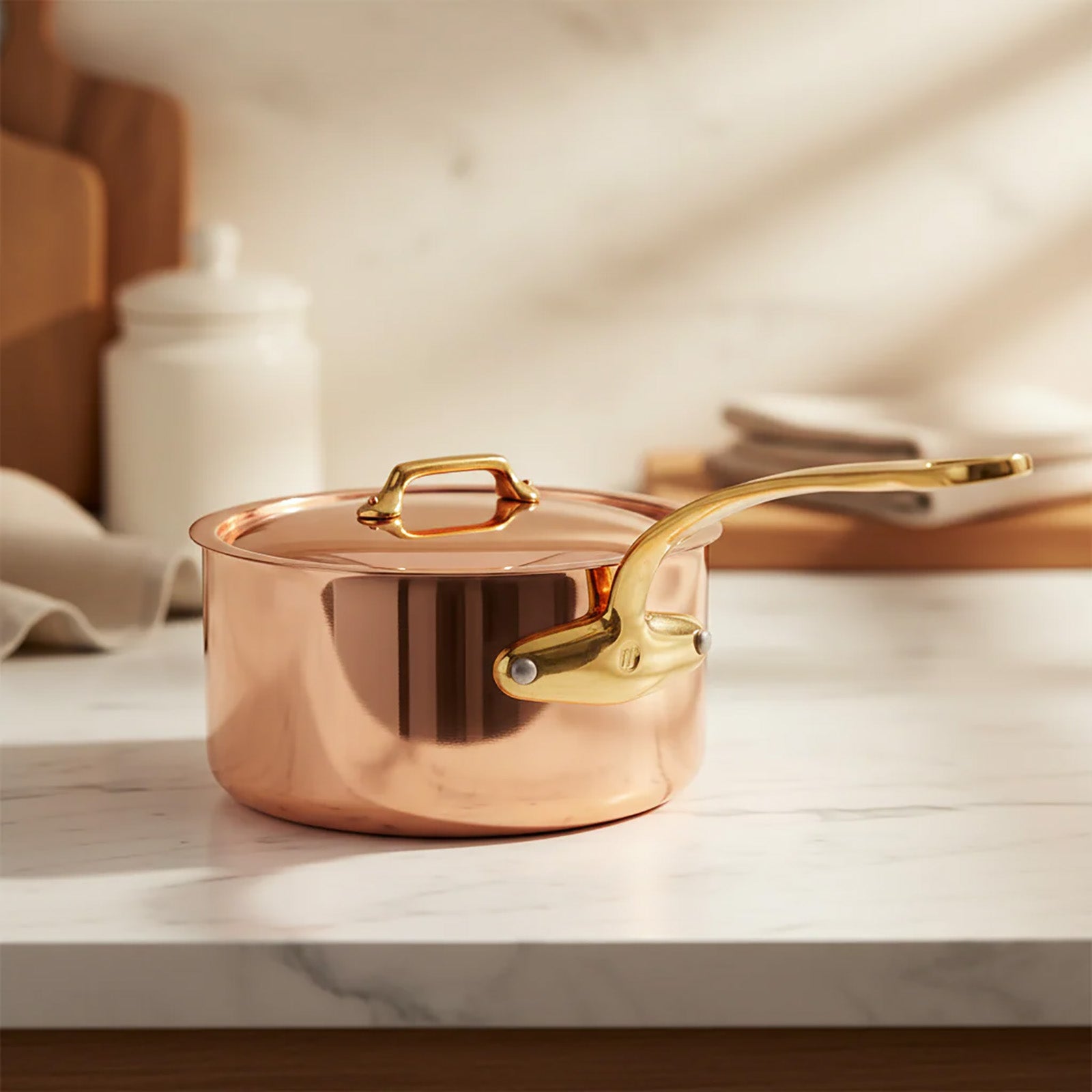 Mauviel M'Heritage 200 B 2mm Polished Copper & Stainless Steel Sauce Pan With Lid, And Brass Handles, 1.8-qt, Made in France