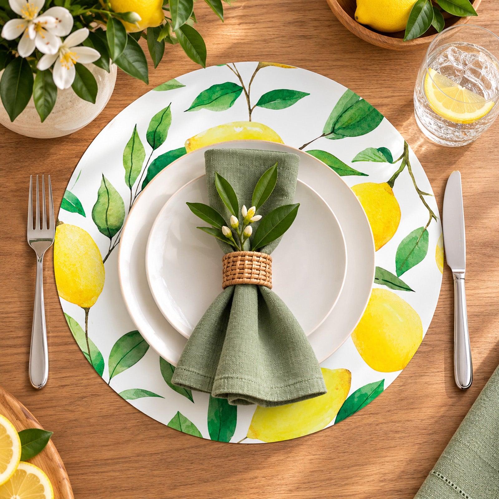 Davanti by Frieling Casa Round Vinyl Placemat, 15" Diameter, Watercolor Lemon Print – Easy-Clean Table Mat for Dining & Kitchen