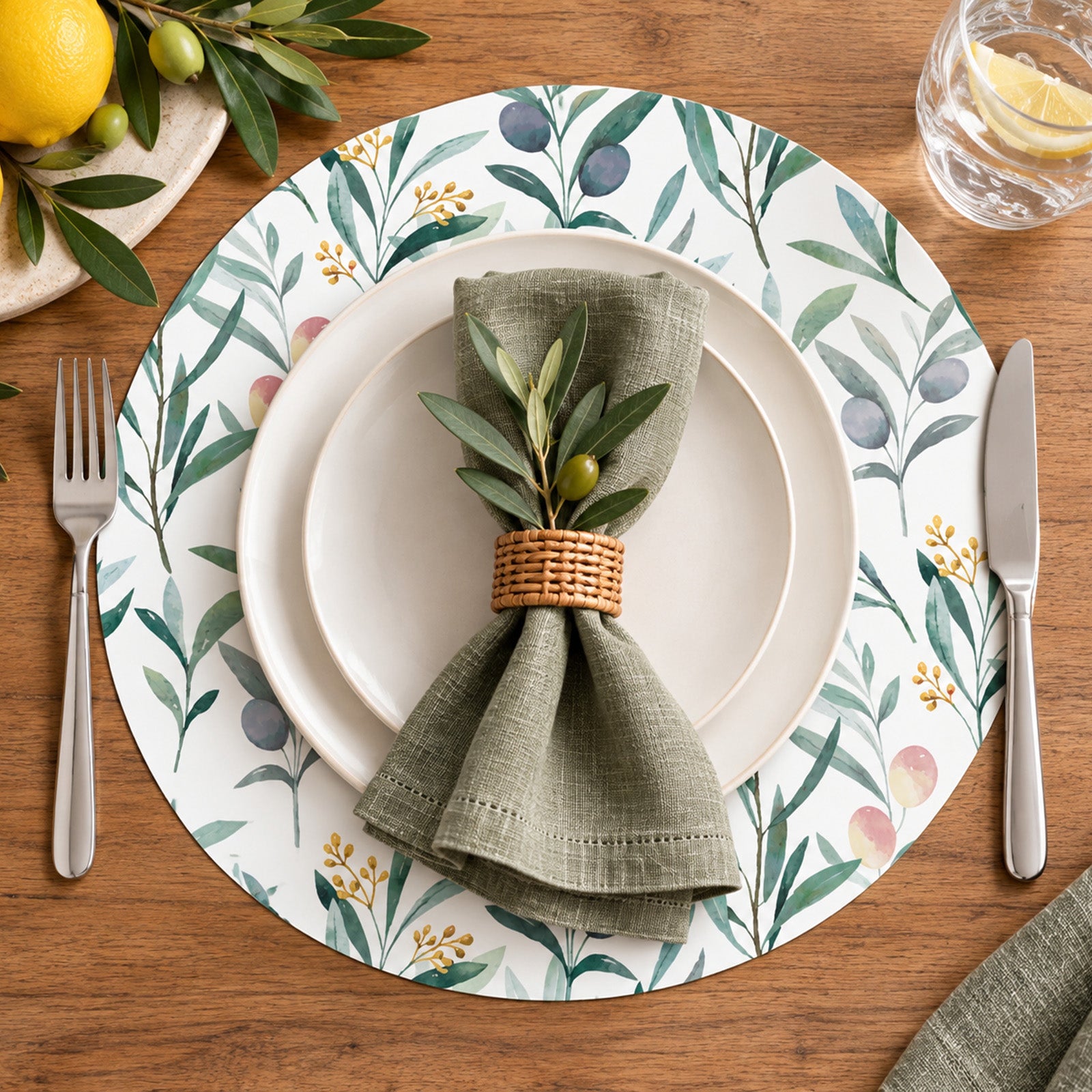 Davanti by Frieling Casa Round Vinyl Placemat, 15" Diameter, Watercolor Olive Branch Print – Easy-Clean Table Mat for Dining & Kitchen