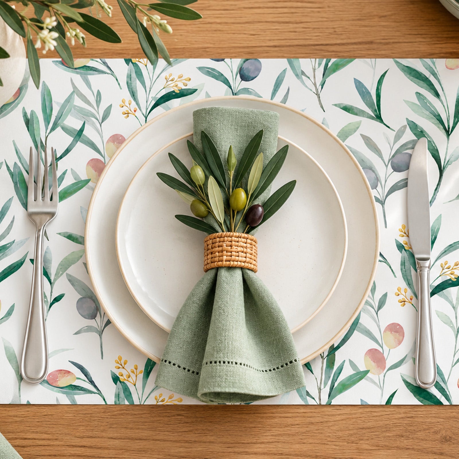Davanti by Frieling Casa Rectangular Vinyl Placemat, 17" x 13", Watercolor Olive Branch Print – Easy-Clean Table Mat for Dining & Kitchen