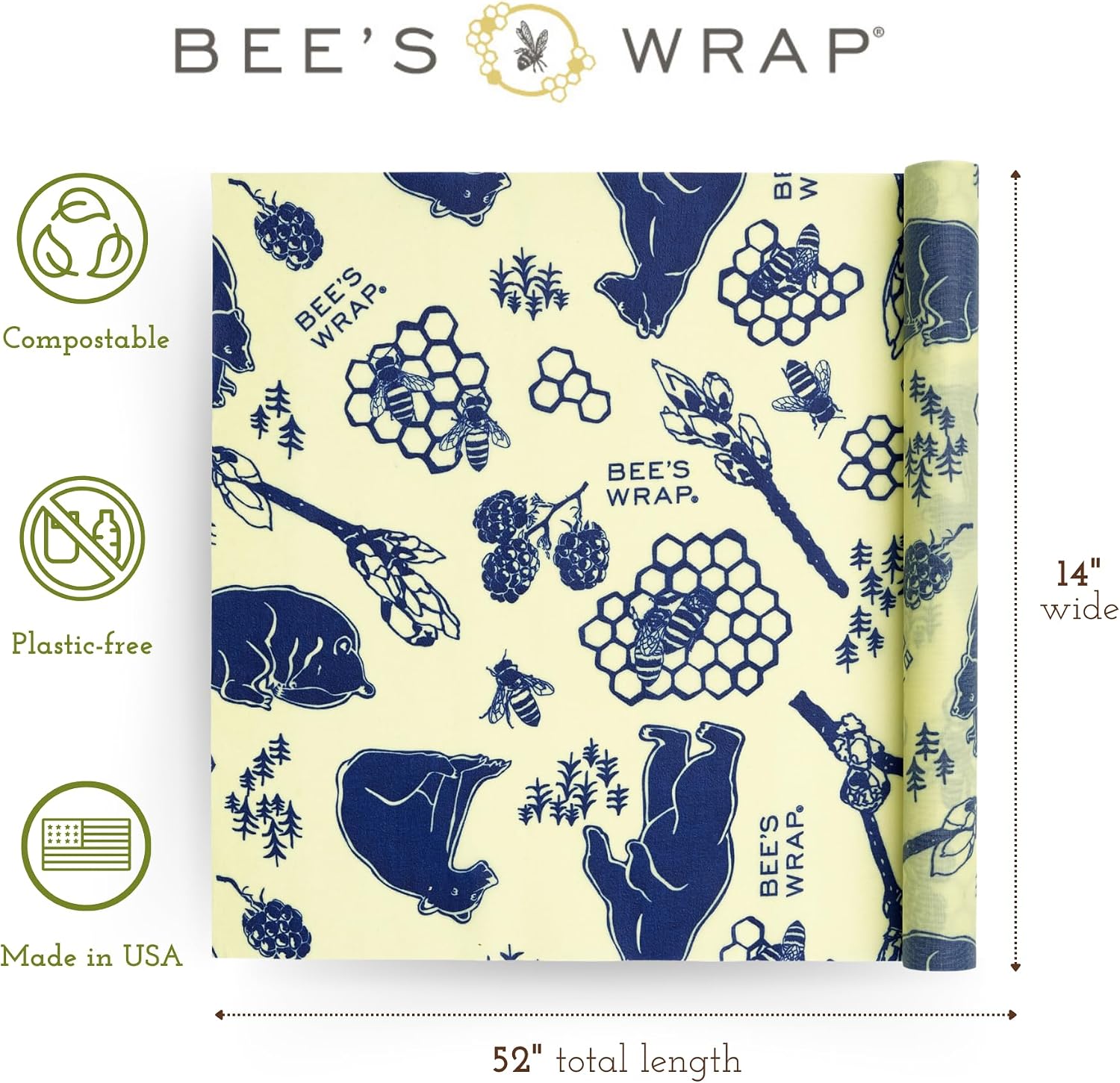 Bee's Wrap Cut-to-Size Beeswax Wrap Roll, Bees & Bears