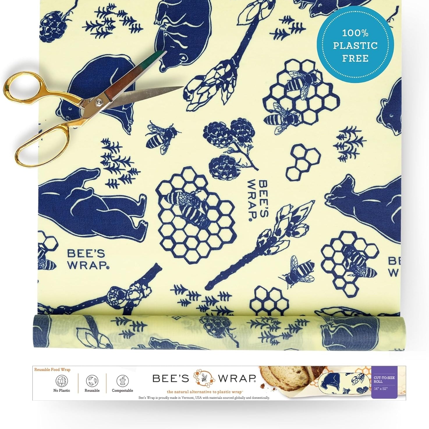 Bee's Wrap Cut-to-Size Beeswax Wrap Roll, Bees & Bears