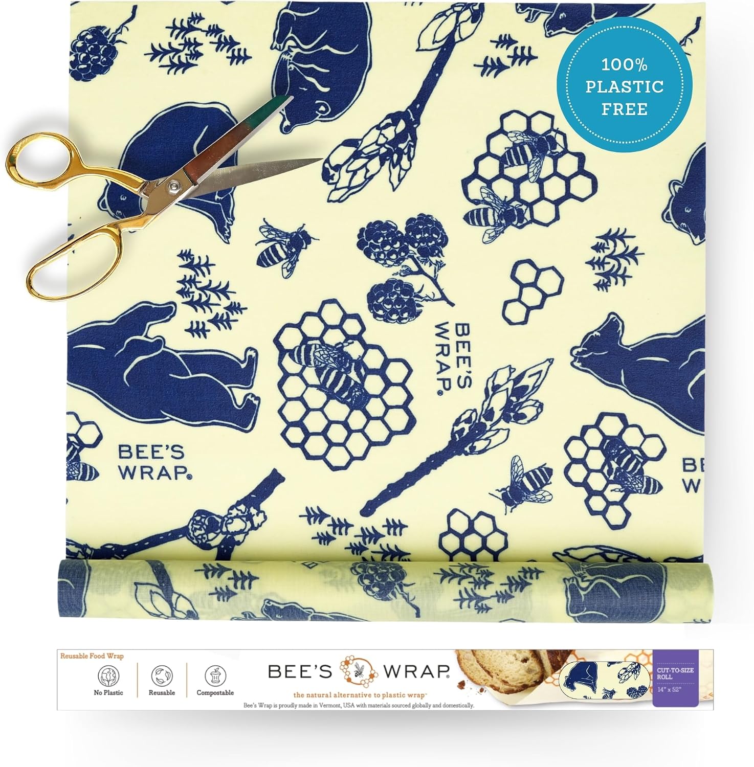 Bee's Wrap Cut-to-Size Beeswax Wrap Roll, Bees & Bears