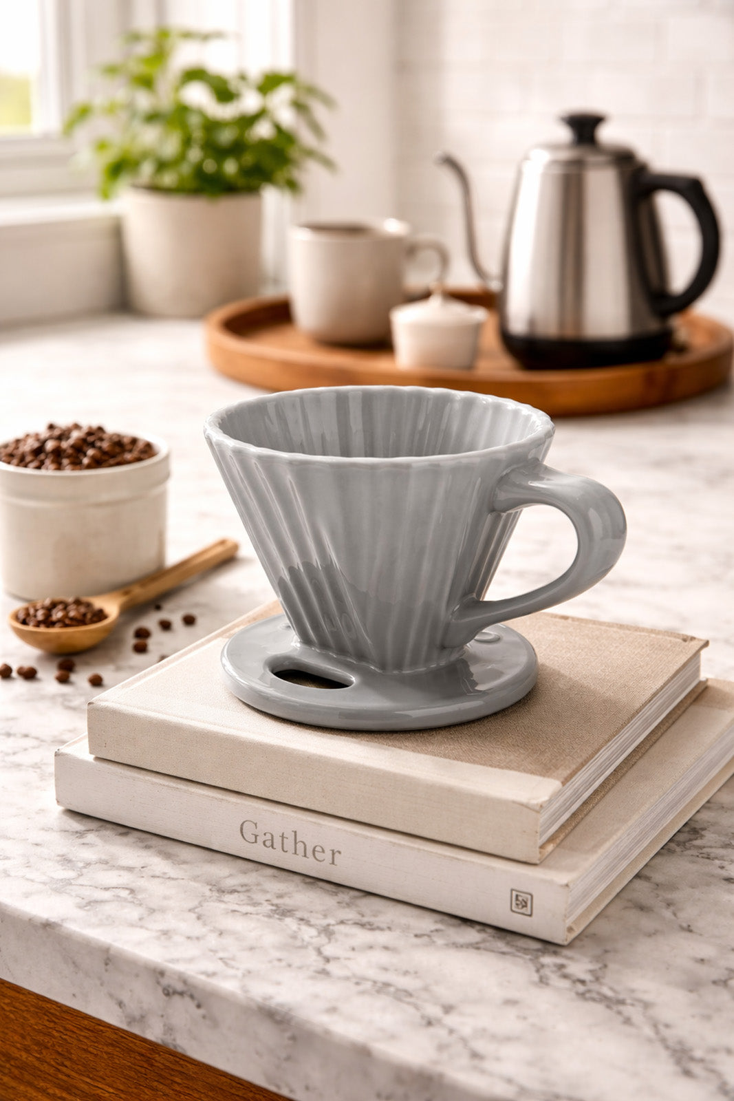 Chantal 8 ounce Lotus Ceramic Pour Over Coffee Filter, Fade Gray