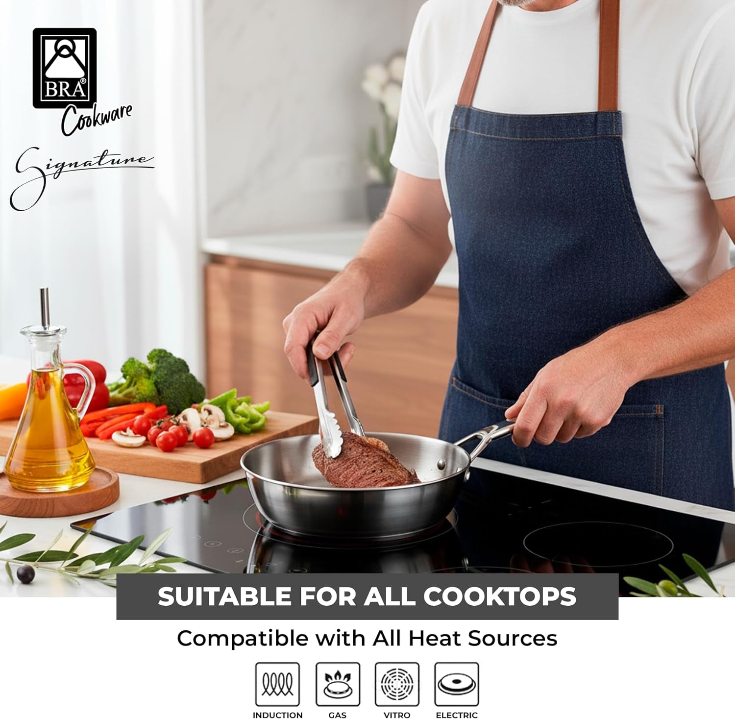 BRA Cookware Signature Stainless Steel Professional Deep High Side Frypan, 8-Inch