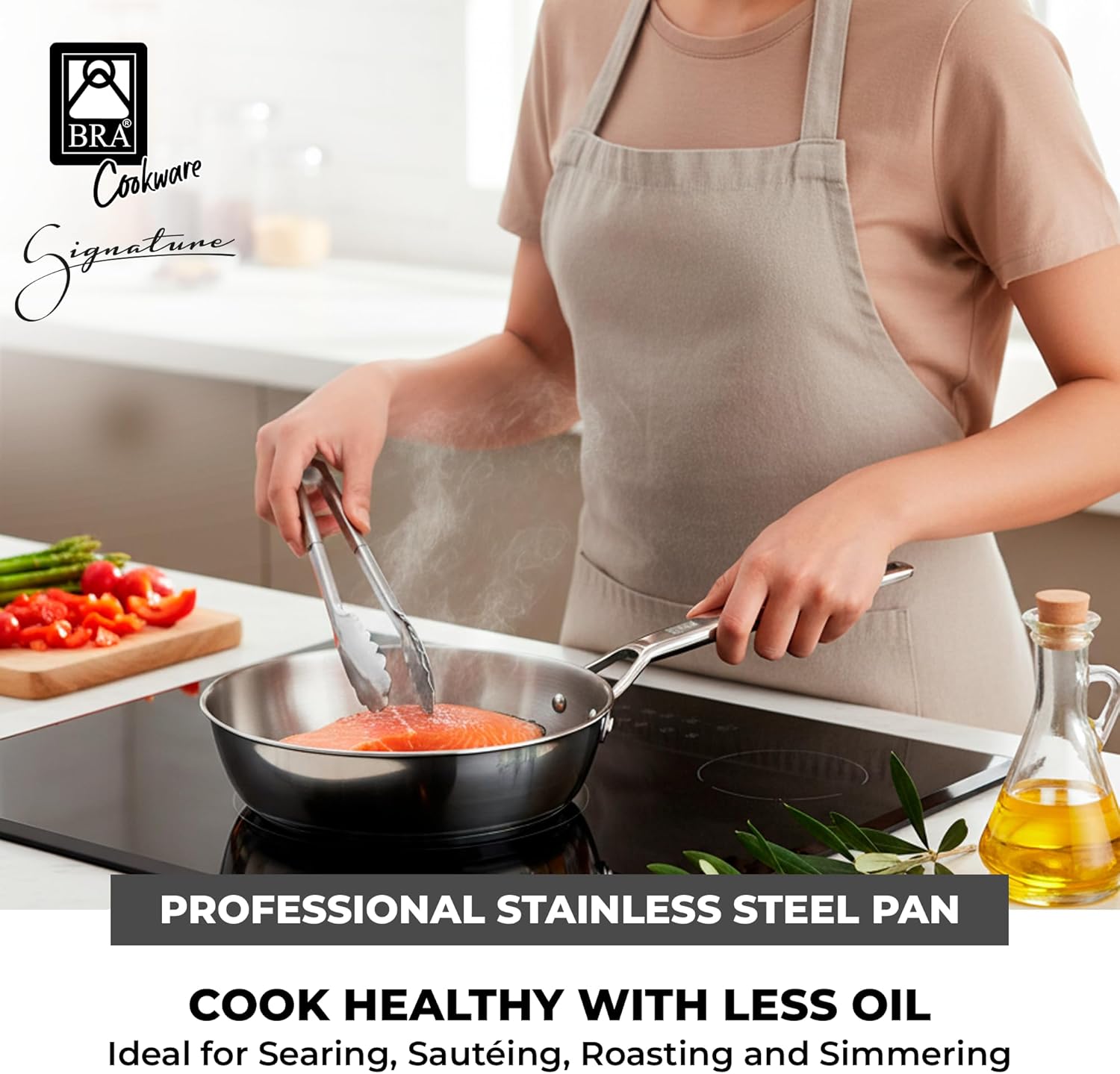 BRA Cookware Signature Stainless Steel Professional Deep High Side Frypan, 9.5-Inch