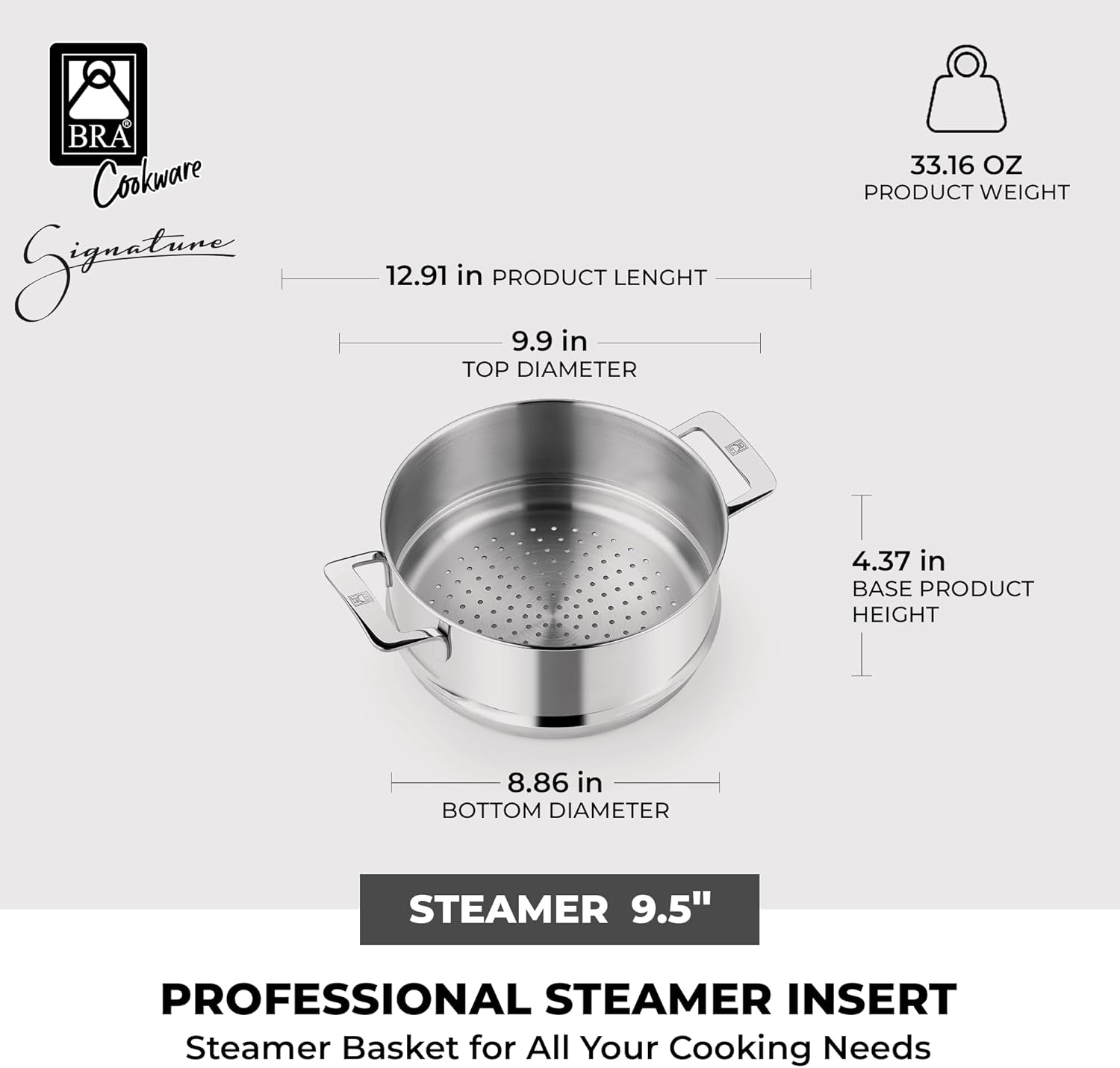 BRA Cookware Signature Stainless Steel Steamer, 9.5 inches, 4-Quart