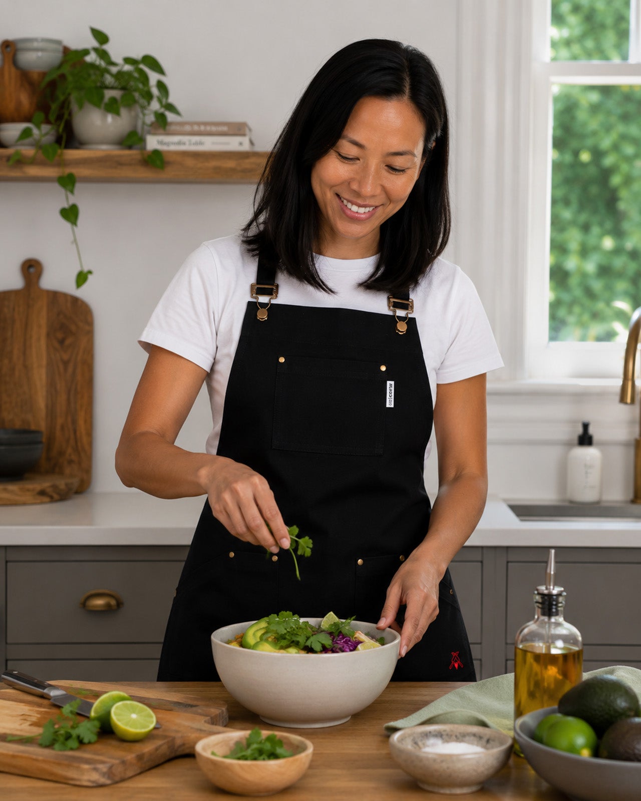KAF Home Cat Cora Stain Proof Adjustable Chef's Apron, 28 x 36-Inch, Black
