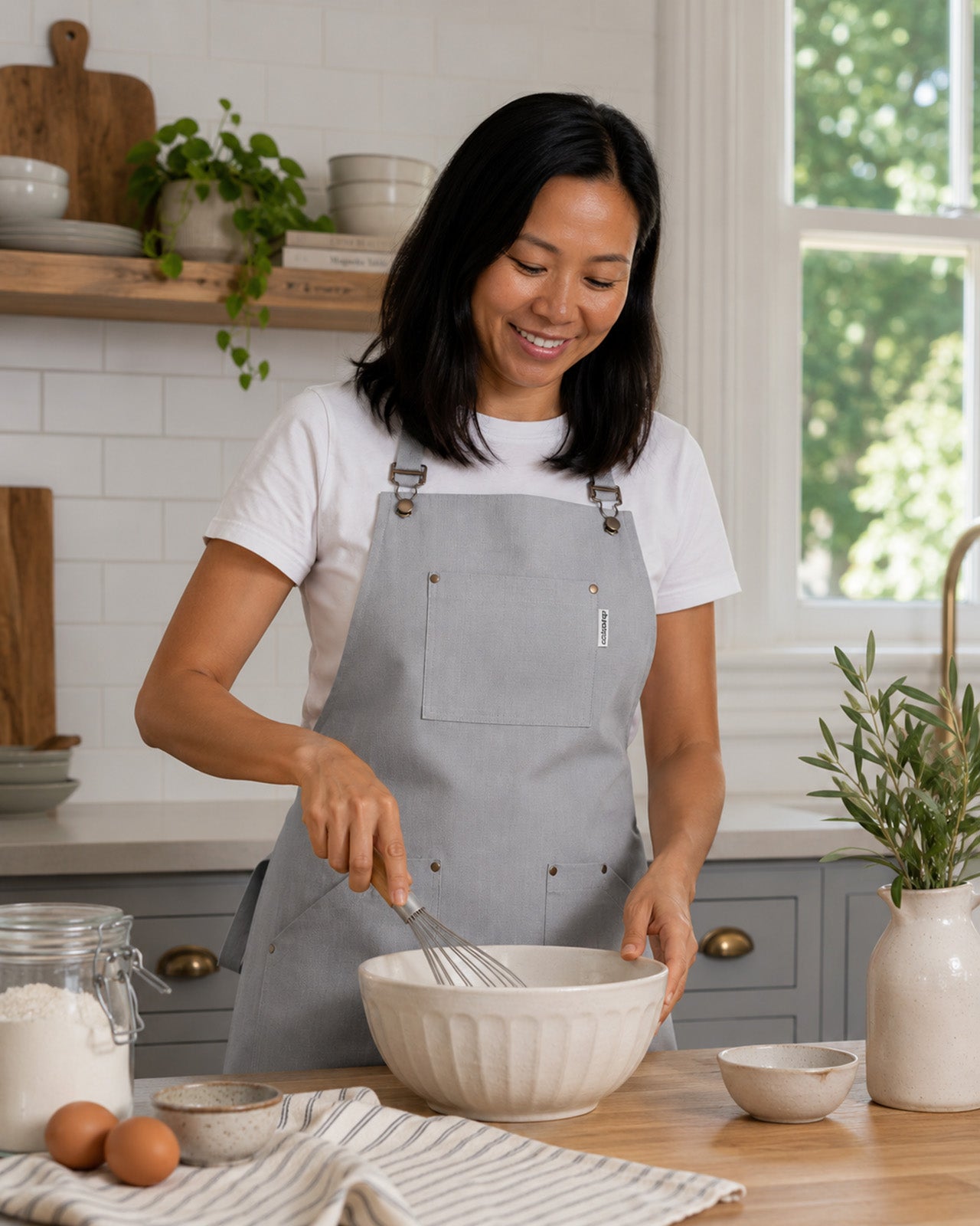 KAF Home Cat Cora Stain Proof Adjustable Chef's Apron, 28 x 36-Inch, Gray