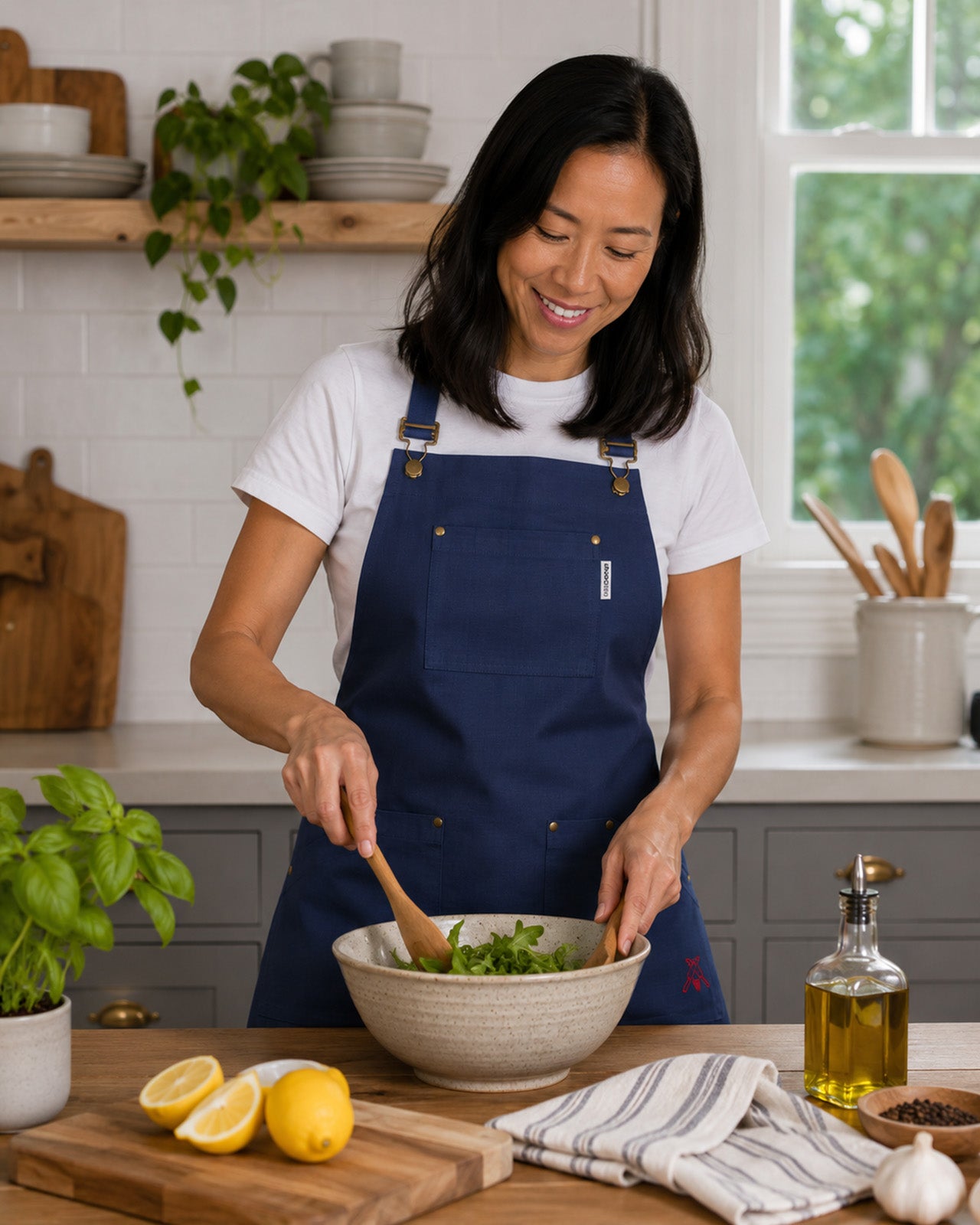 KAF Home Cat Cora Stain Proof Adjustable Chef's Apron, 28 x 36-Inch, Navy