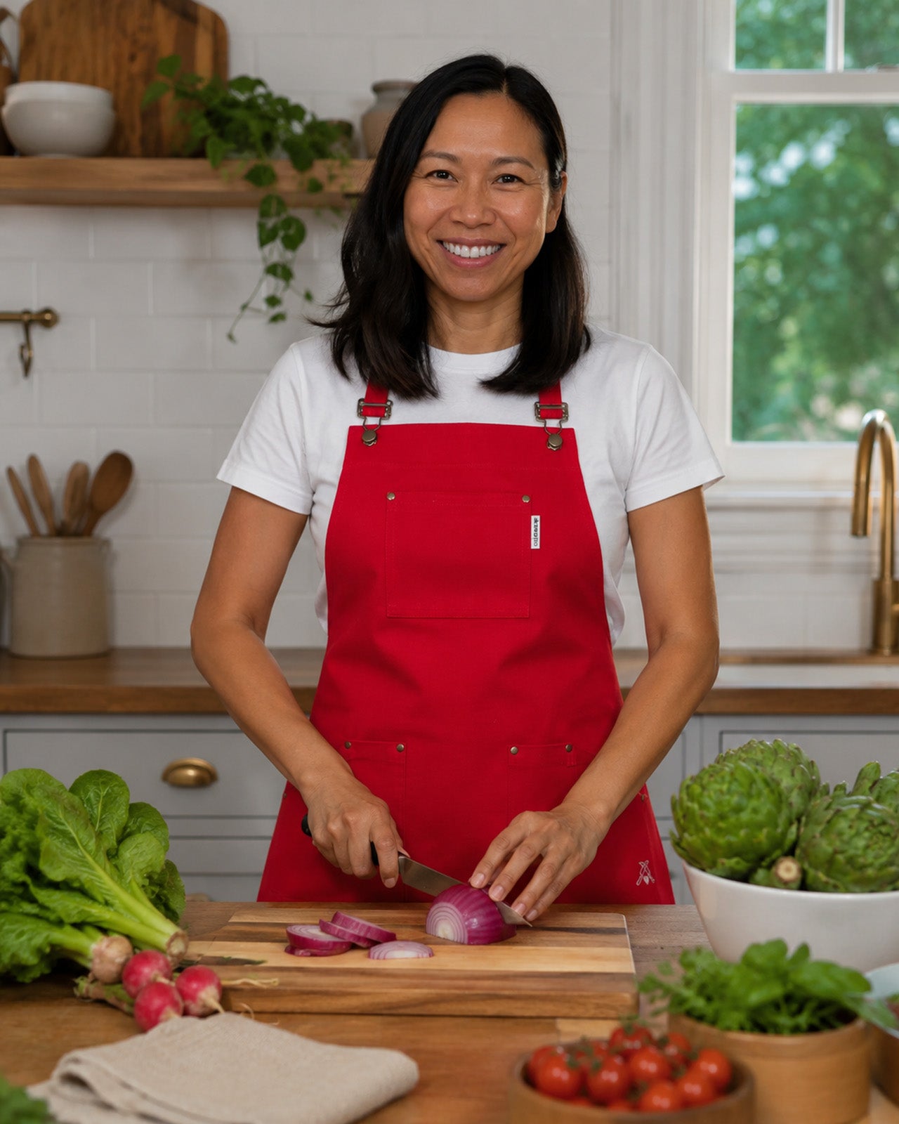 KAF Home Cat Cora Stain Proof Adjustable Chef's Apron, 28 x 36-Inch, Red