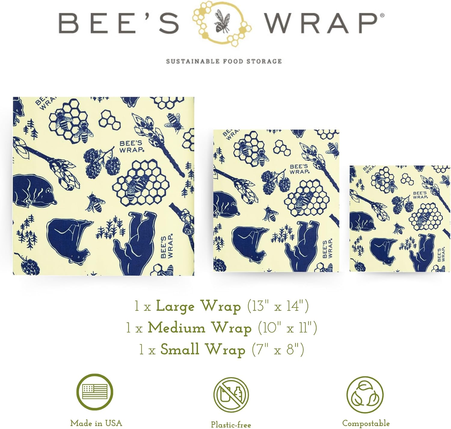 Bee's Wrap Reusable Beeswax Food Wraps, Assorted 3-Pack, Bees & Bears