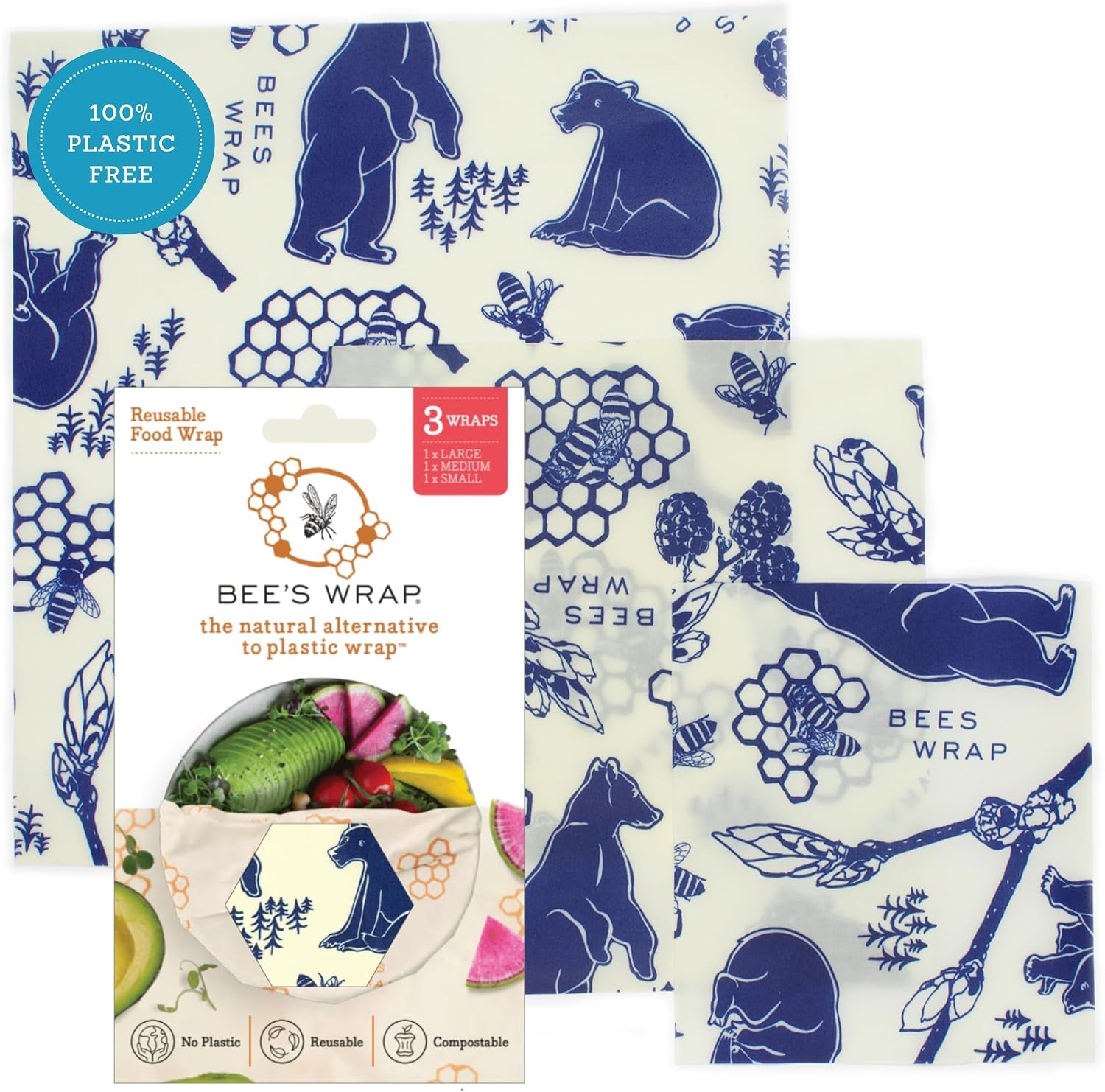 Bee's Wrap Reusable Beeswax Food Wraps, Assorted 3-Pack, Bees & Bears