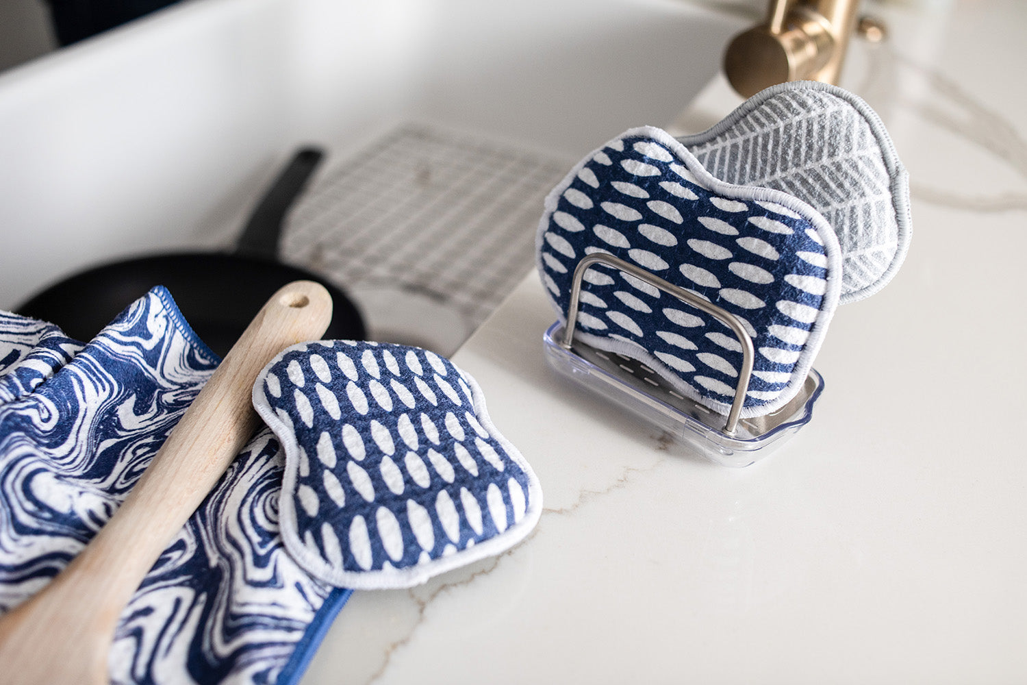 Once Again Home Co. RE:Usable Sponges, Beans Pattern, Set of 3, Navy Blue