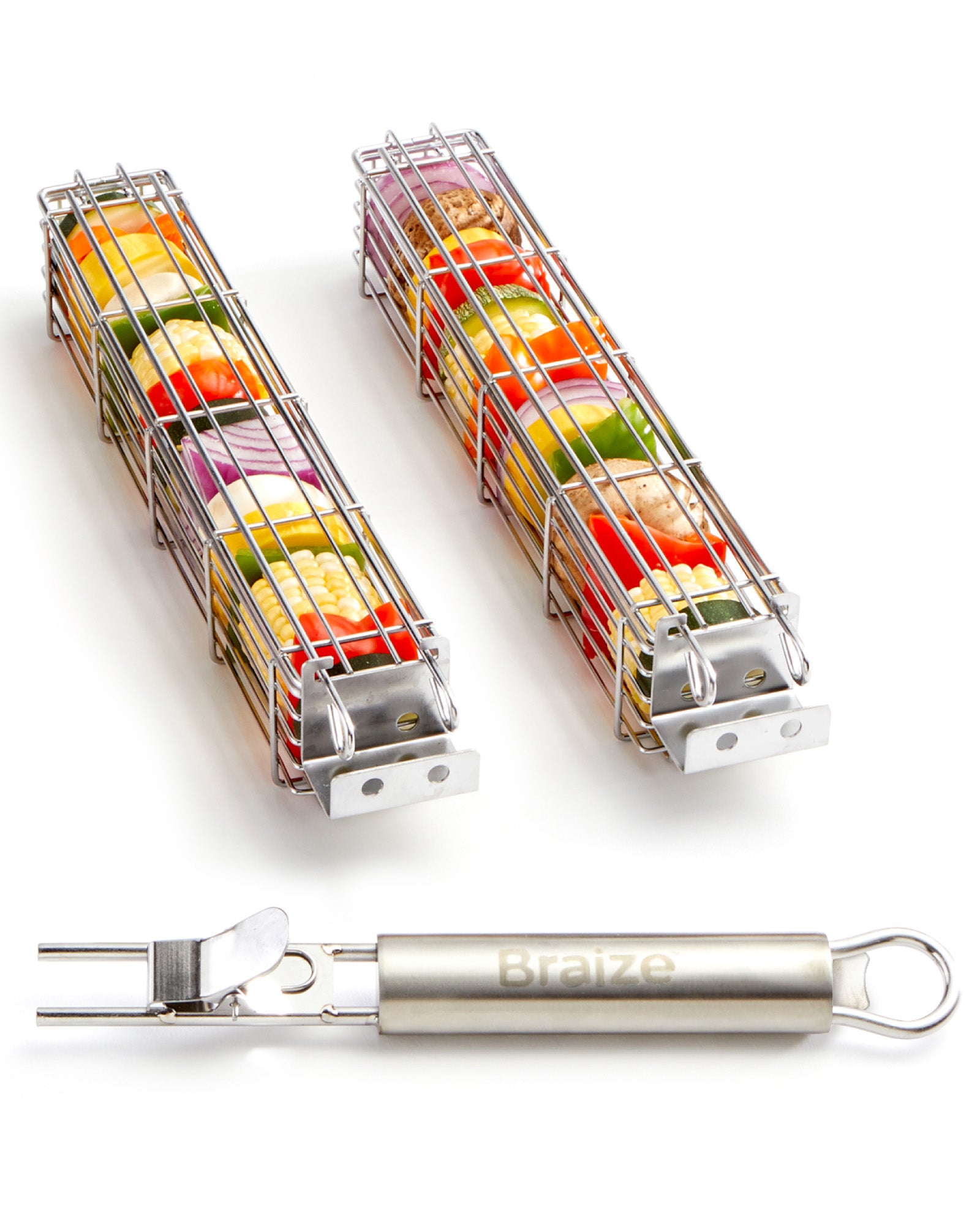 Braize Stainless Steel Kabob Grill Basket Set with Removable Handle, Set of 2