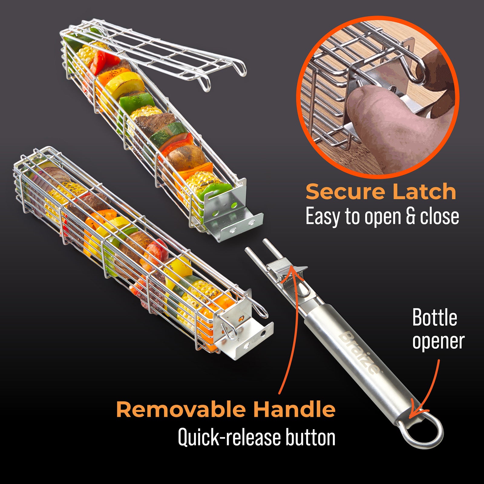 Braize Stainless Steel Kabob Grill Basket Set with Removable Handle, Set of 2