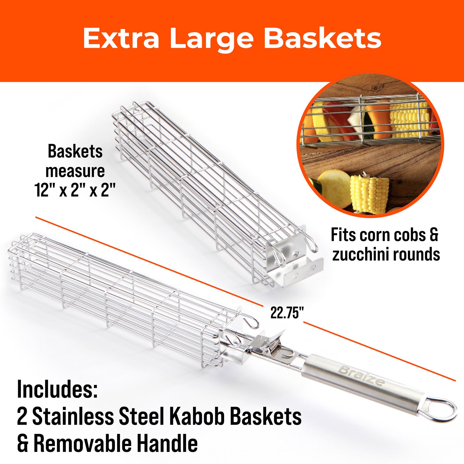 Braize Stainless Steel Kabob Grill Basket Set with Removable Handle, Set of 2