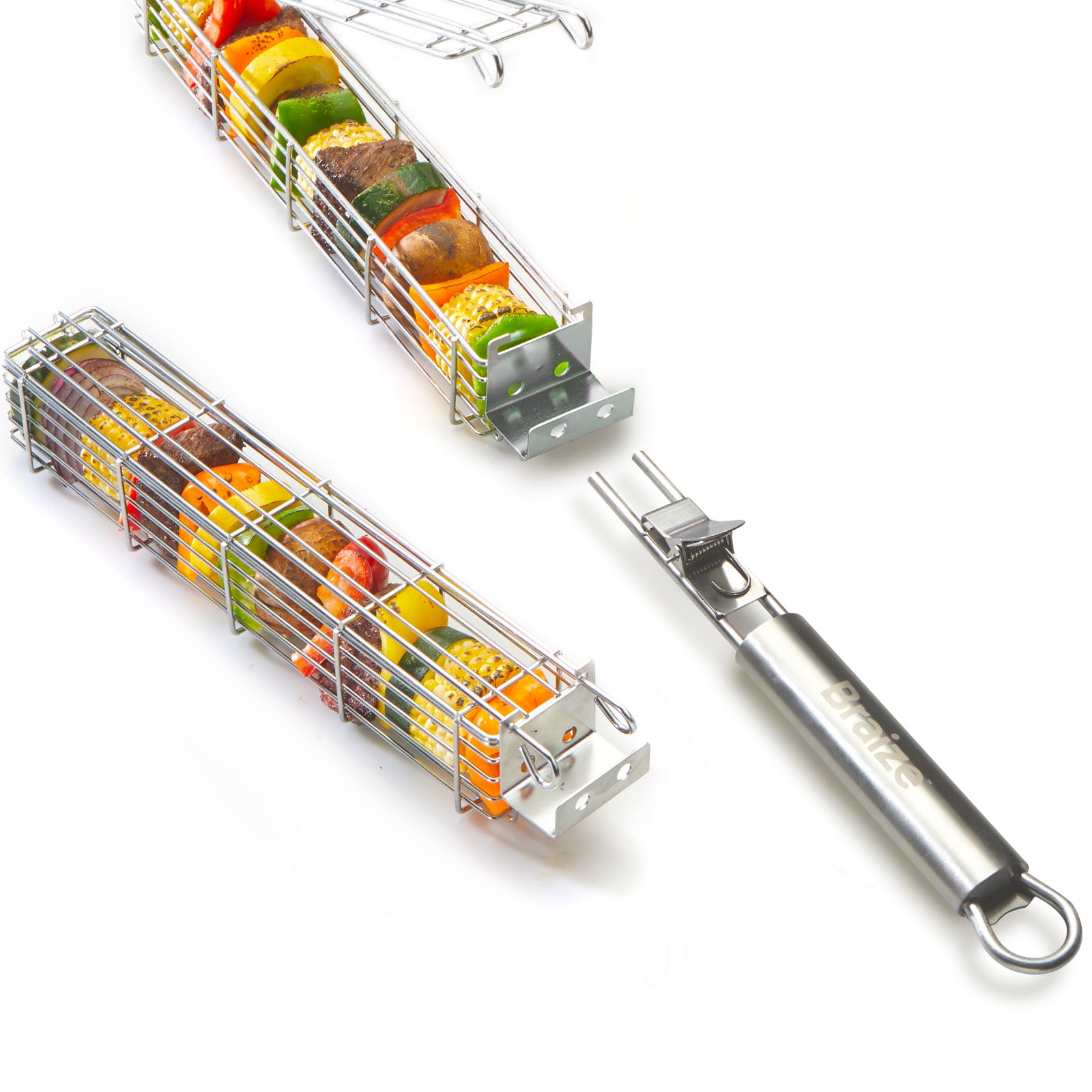 Braize Stainless Steel Kabob Grill Basket Set with Removable Handle, Set of 2