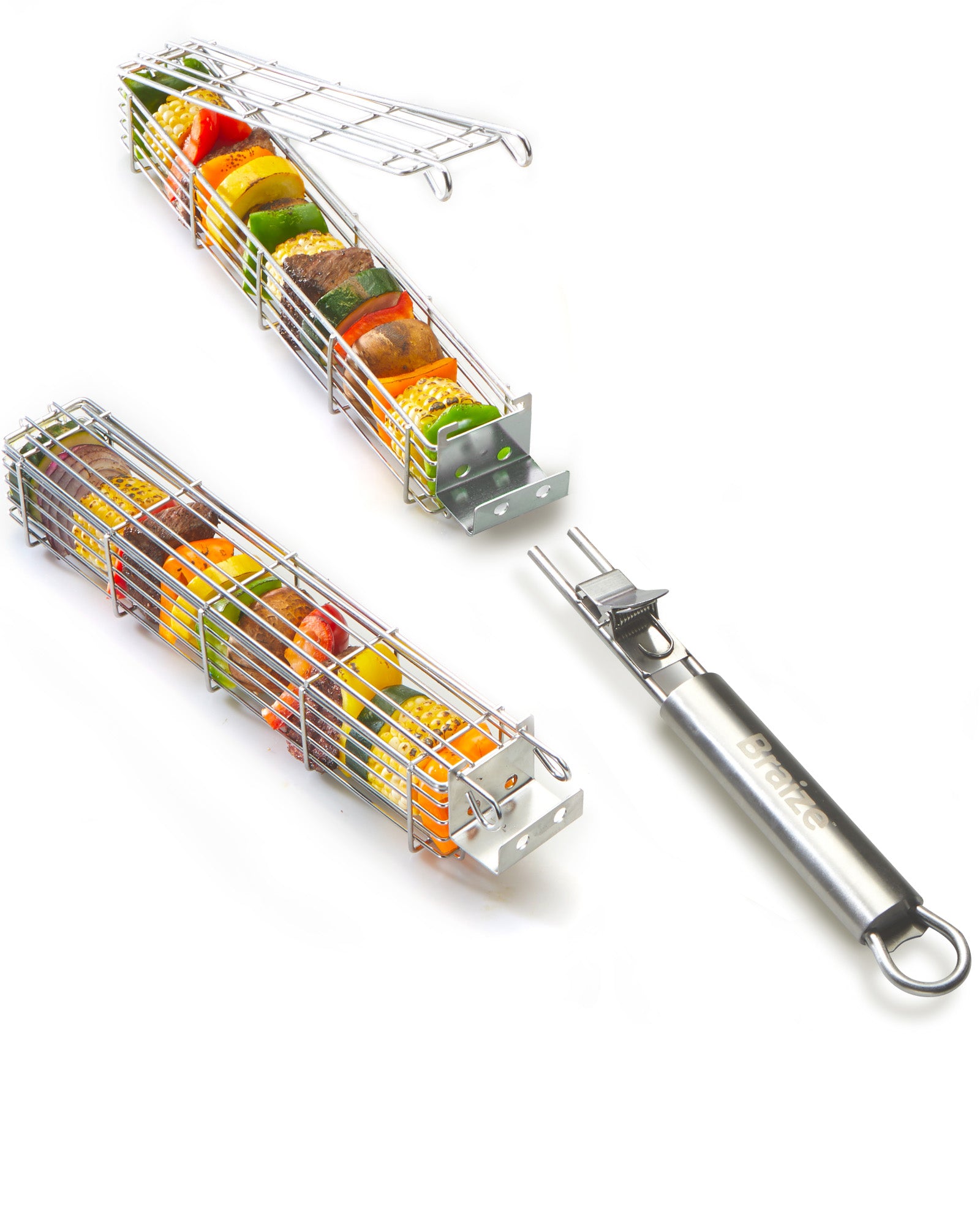 Braize Stainless Steel Kabob Grill Basket Set with Removable Handle, Set of 2