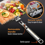 Braize Stainless Steel Large Grill Basket w/ Easy Open Lid, Includes Removable Handle, Basting Brush, and Steel-fiber Scrub Sponge