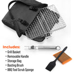 Braize Stainless Steel Large Grill Basket w/ Easy Open Lid, Includes Removable Handle, Basting Brush, and Steel-fiber Scrub Sponge