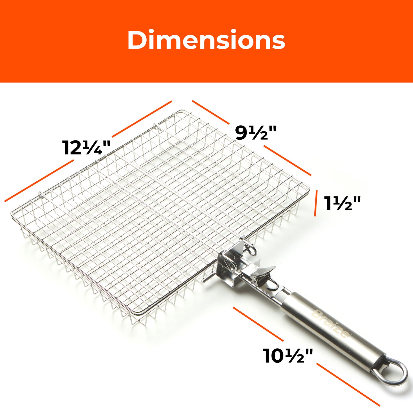 Braize Stainless Steel Large Grill Basket w/ Easy Open Lid, Includes Removable Handle, Basting Brush, and Steel-fiber Scrub Sponge