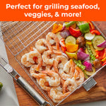 Braize Stainless Steel Large Grill Basket w/ Easy Open Lid, Includes Removable Handle, Basting Brush, and Steel-fiber Scrub Sponge