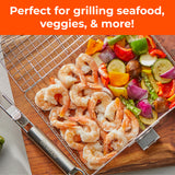 Braize Stainless Steel Large Grill Basket w/ Easy Open Lid, Includes Removable Handle, Basting Brush, and Steel-fiber Scrub Sponge