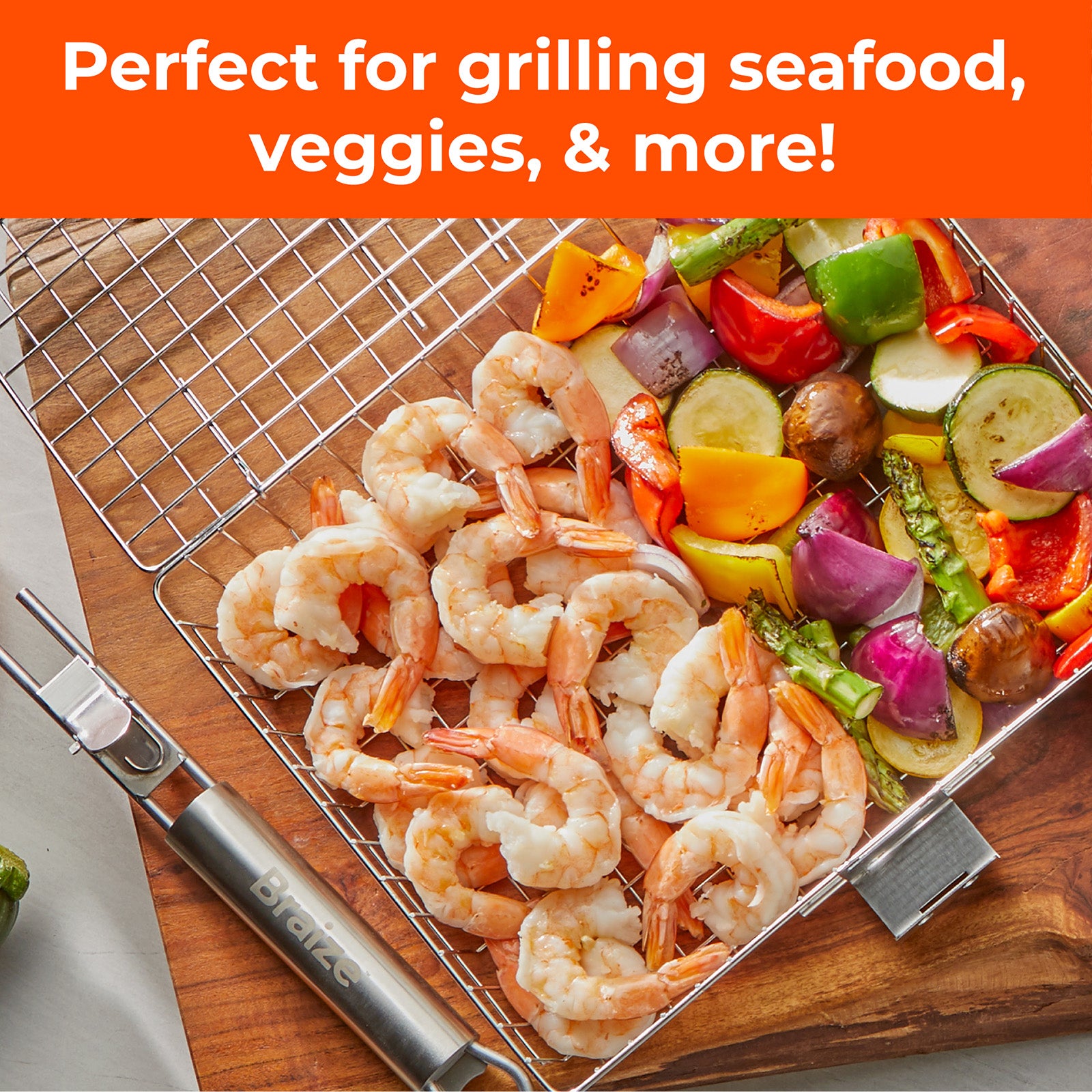 Braize Stainless Steel Large Grill Basket w/ Easy Open Lid, Includes Removable Handle, Basting Brush, and Steel-fiber Scrub Sponge