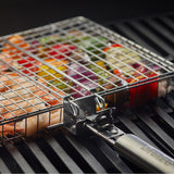 Braize Stainless Steel Large Grill Basket w/ Easy Open Lid, Includes Removable Handle, Basting Brush, and Steel-fiber Scrub Sponge