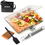 Braize Stainless Steel Large Grill Basket w/ Easy Open Lid, Includes Removable Handle, Basting Brush, and Steel-fiber Scrub Sponge