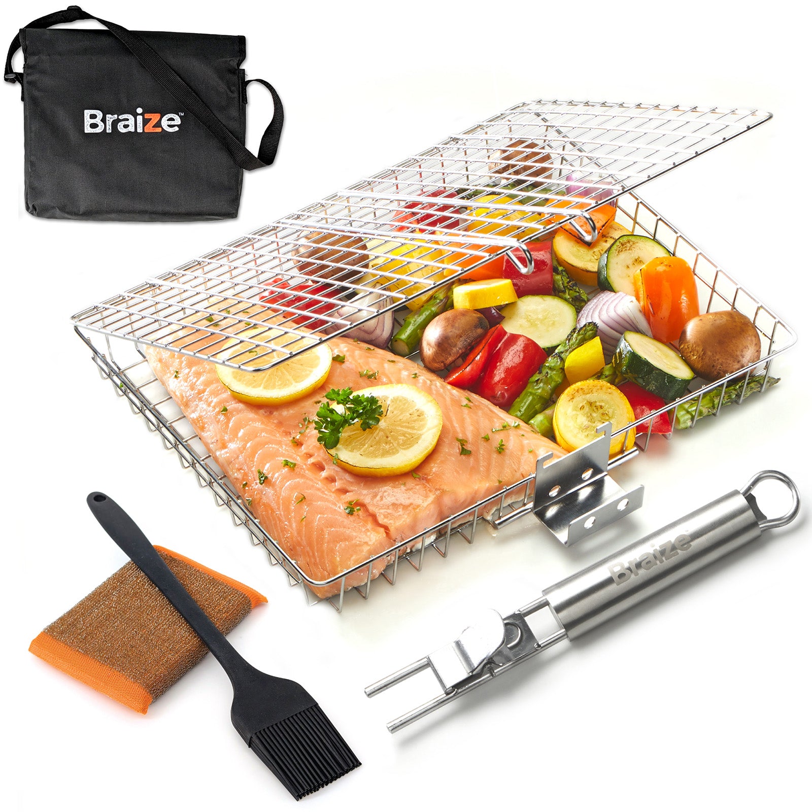 Braize Stainless Steel Large Grill Basket w/ Easy Open Lid, Includes Removable Handle, Basting Brush, and Steel-fiber Scrub Sponge