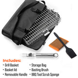 Braize Adjustable Grill Basket w/ Removable Handle & Storage Bag, Silicone Basting Brush, and Steel-fiber Scrub Sponge