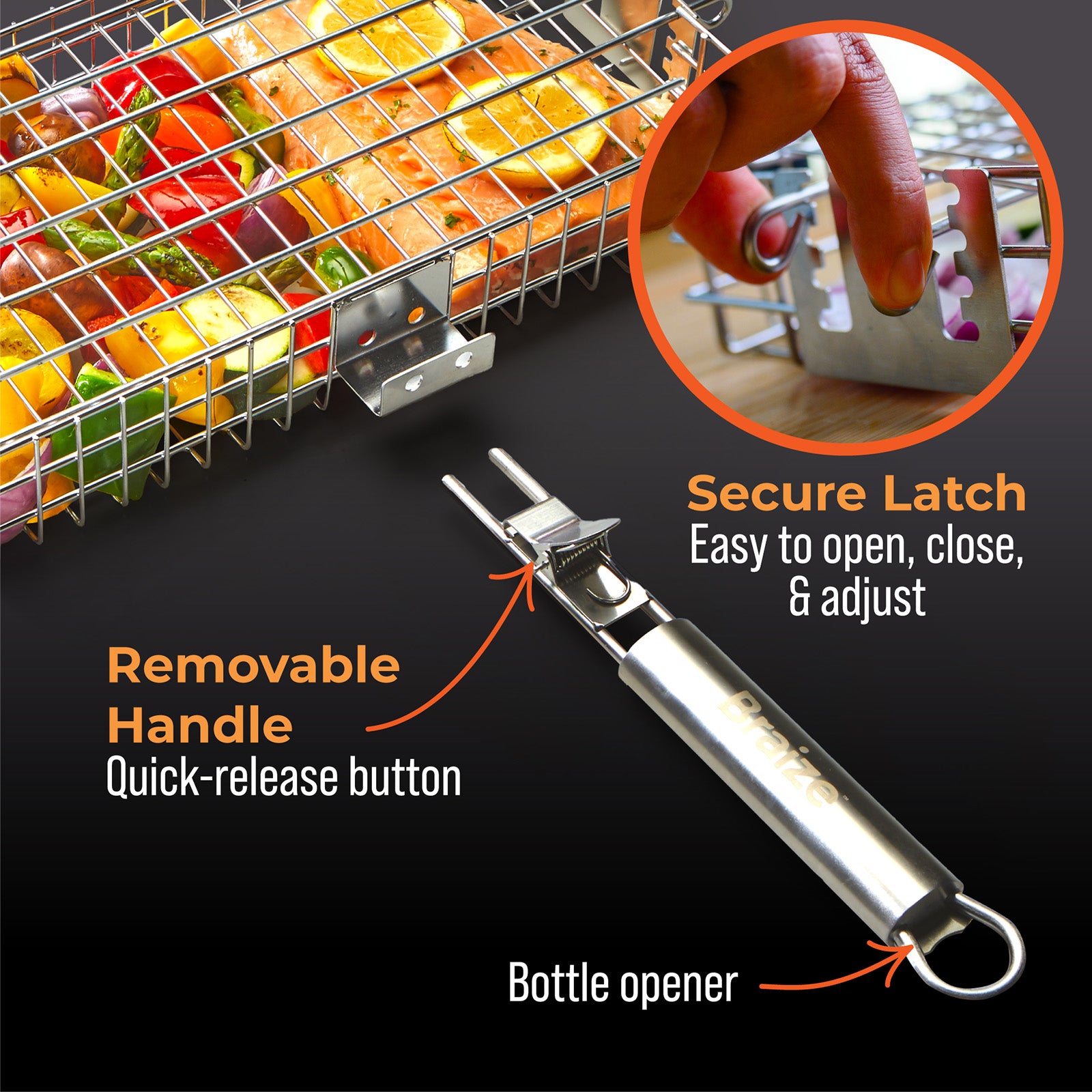 Braize Adjustable Grill Basket w/ Removable Handle & Storage Bag, Silicone Basting Brush, and Steel-fiber Scrub Sponge