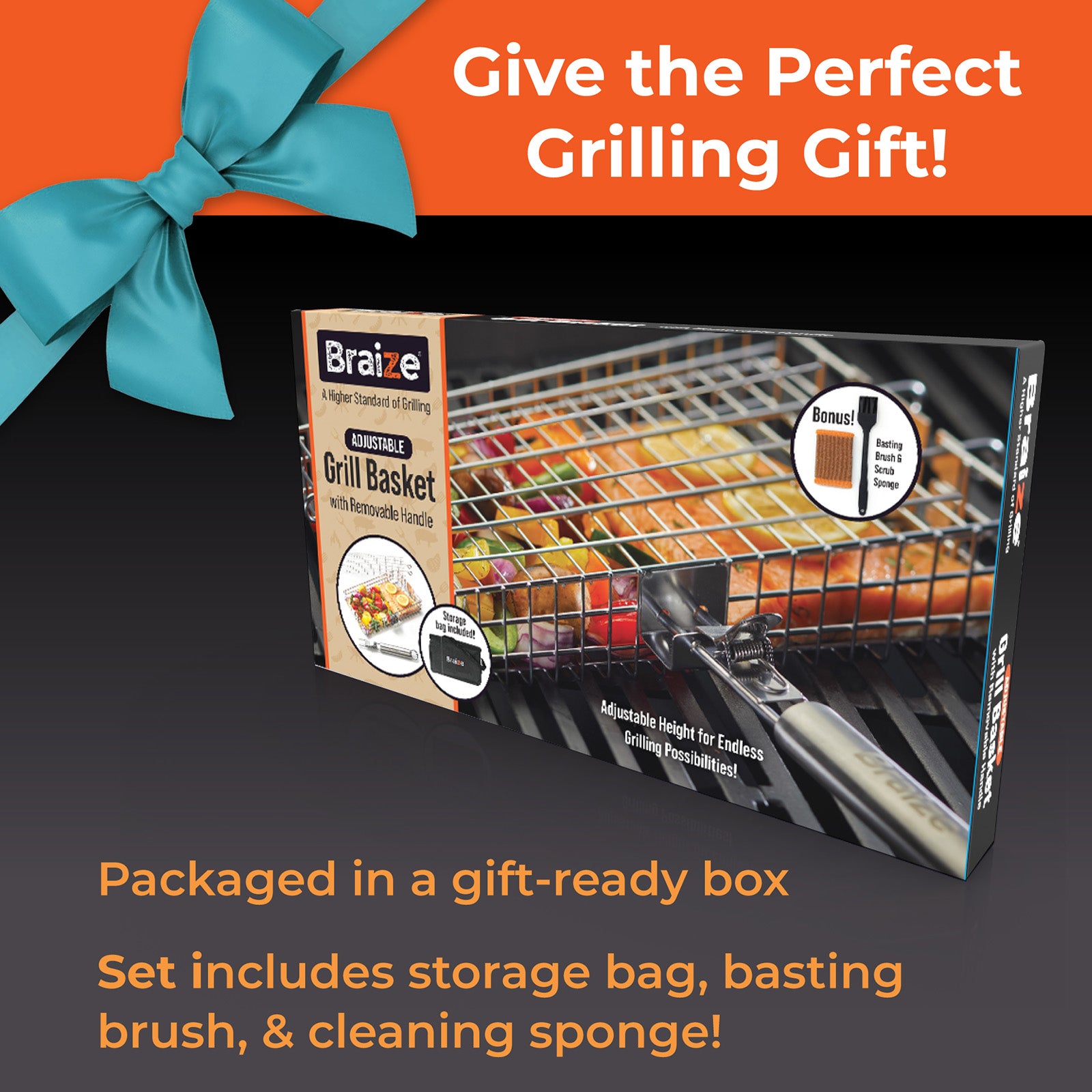Braize Adjustable Grill Basket w/ Removable Handle & Storage Bag, Silicone Basting Brush, and Steel-fiber Scrub Sponge