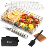 Braize Adjustable Grill Basket w/ Removable Handle & Storage Bag, Silicone Basting Brush, and Steel-fiber Scrub Sponge