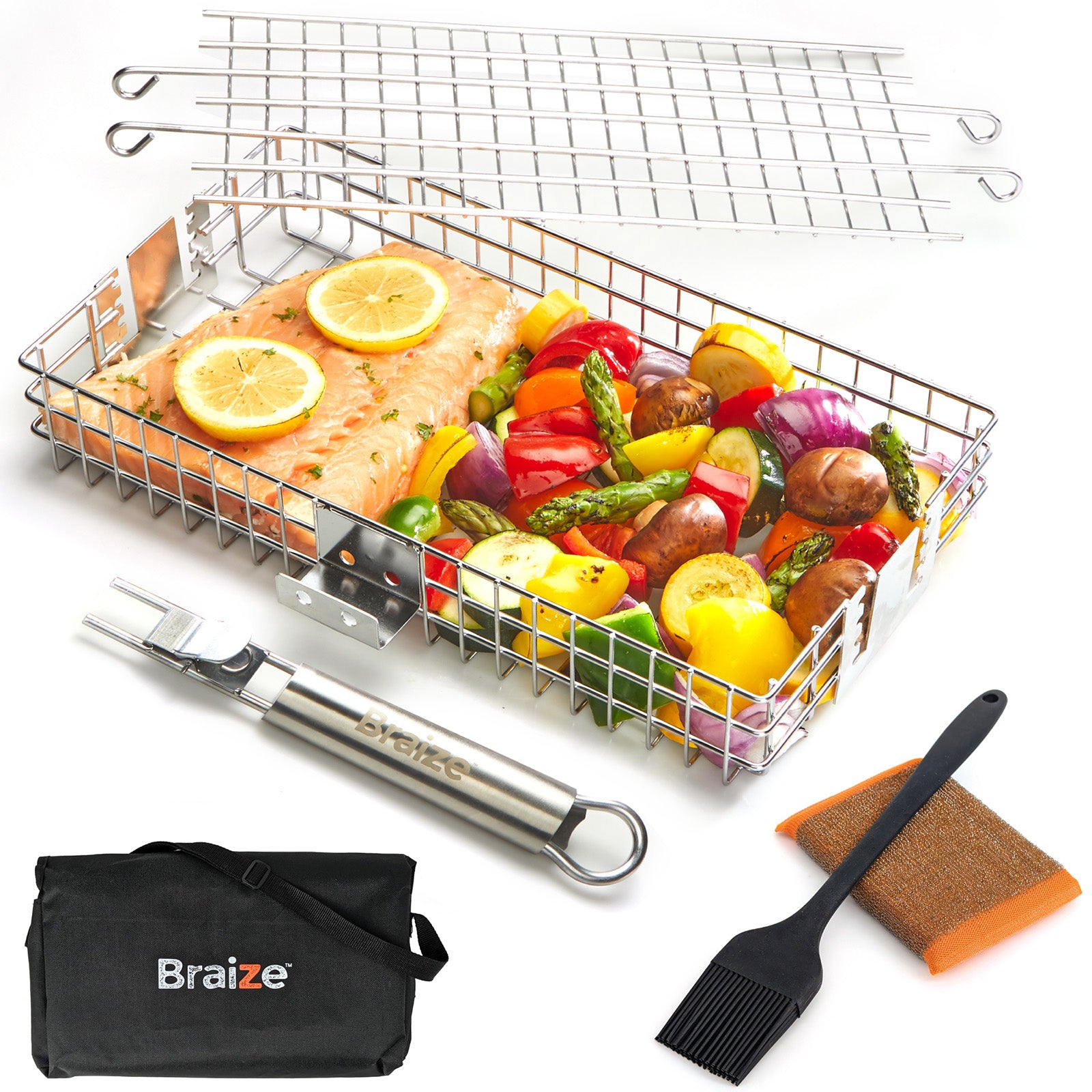 Braize Adjustable Grill Basket w/ Removable Handle & Storage Bag, Silicone Basting Brush, and Steel-fiber Scrub Sponge