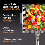 Braize Heavy Duty Grill Basket, Thick Stainless Steel BBQ Grilling Basket with Removable Handle, for Vegetables, Fish, Shrimp & Meat on Outdoor Grills